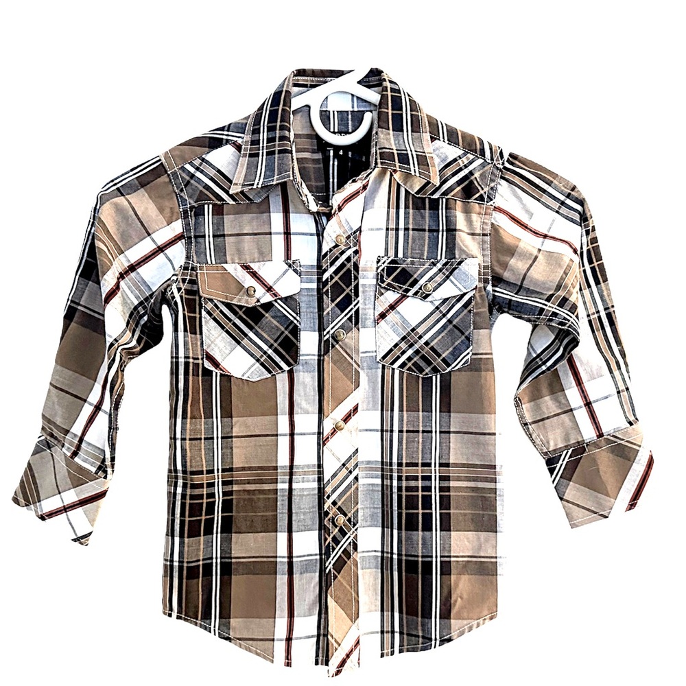 Boys Gioberti Italy Button Down Shirt Size 4 Youth Brown, Gray, and White Plaid